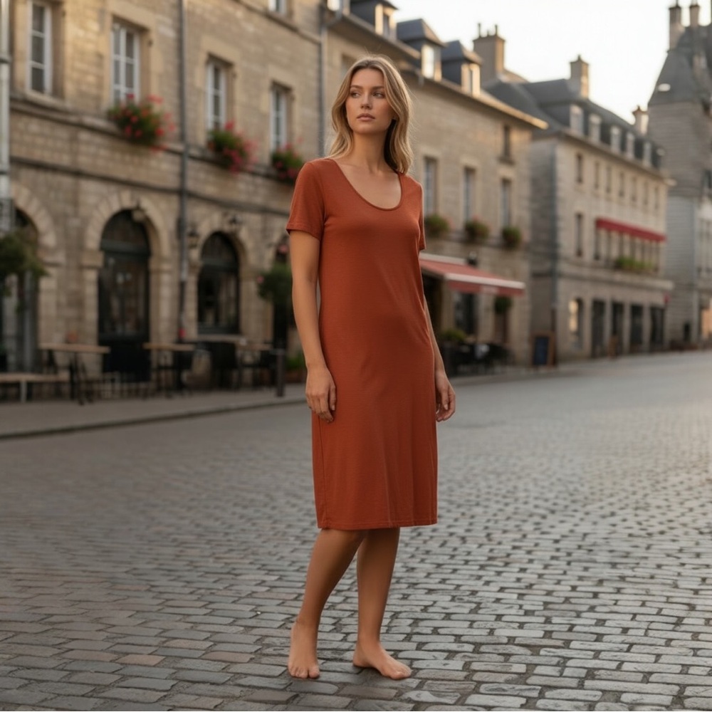 Amazon Essentials Scoop Neck Short Sleeve Midi Dress - Rust